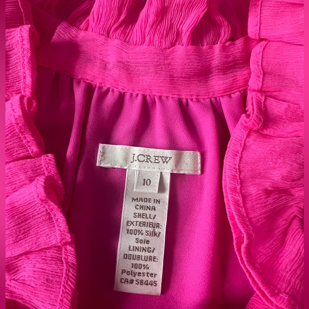 J.Crew Hot Pink Silk Crepe Ruffle Neck Size 10 Blouse - Picture 4 of 5